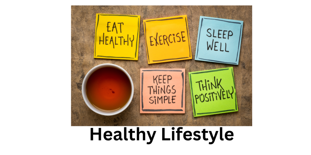 Healthy Lifestyle image Eat healthy, Exercise, Sleep Well, Keep things simple and Think positively 